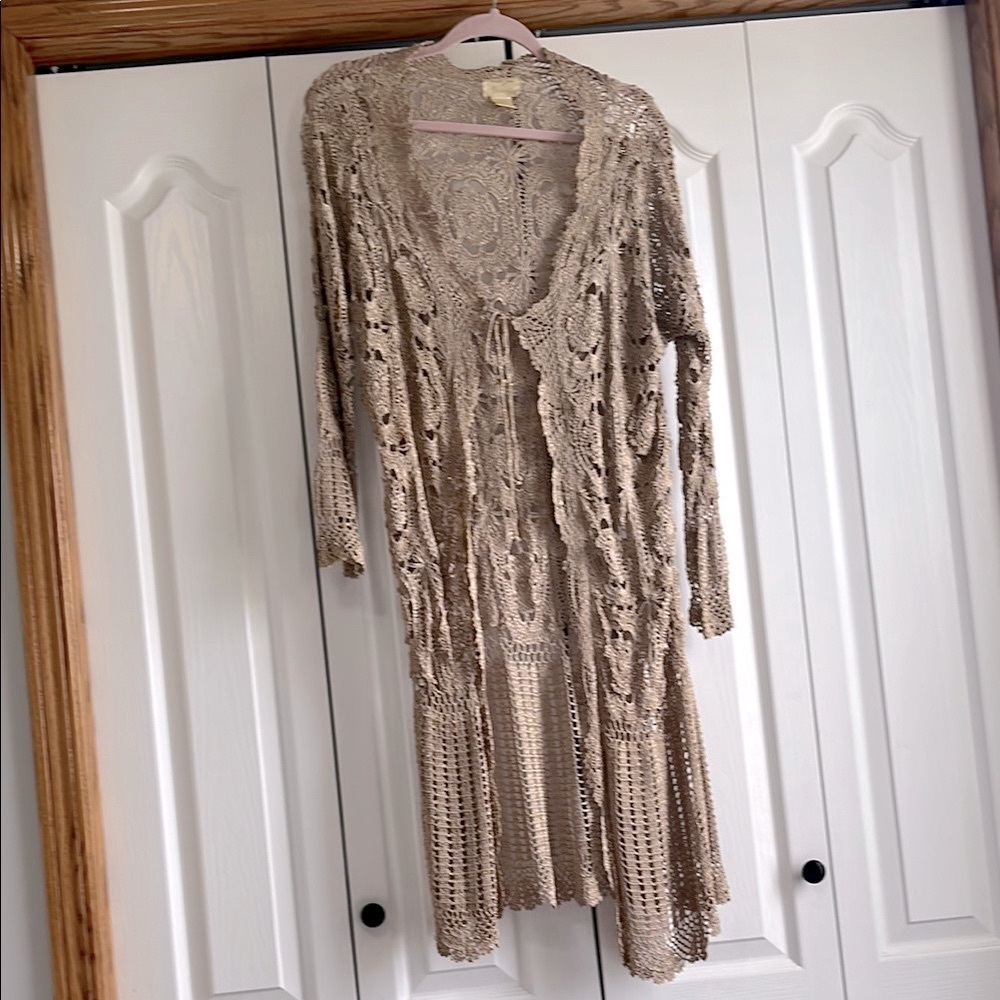 Vintage Metallic Long Gold Long Crochet Cardigan